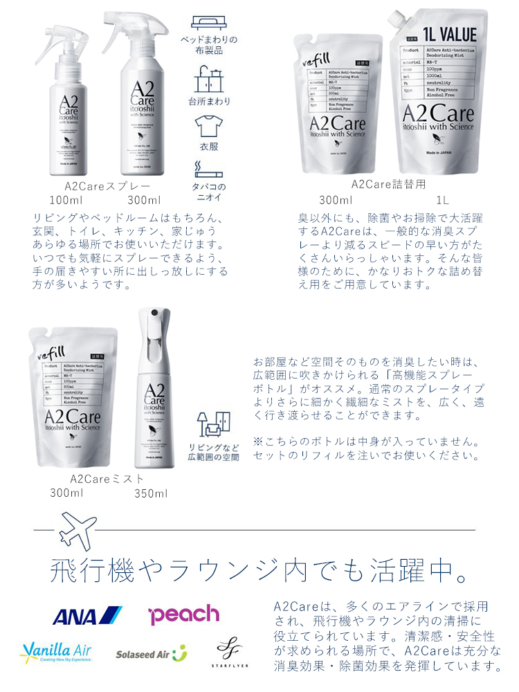 A2Careは人や物にもやさしい除菌消臭スプレー